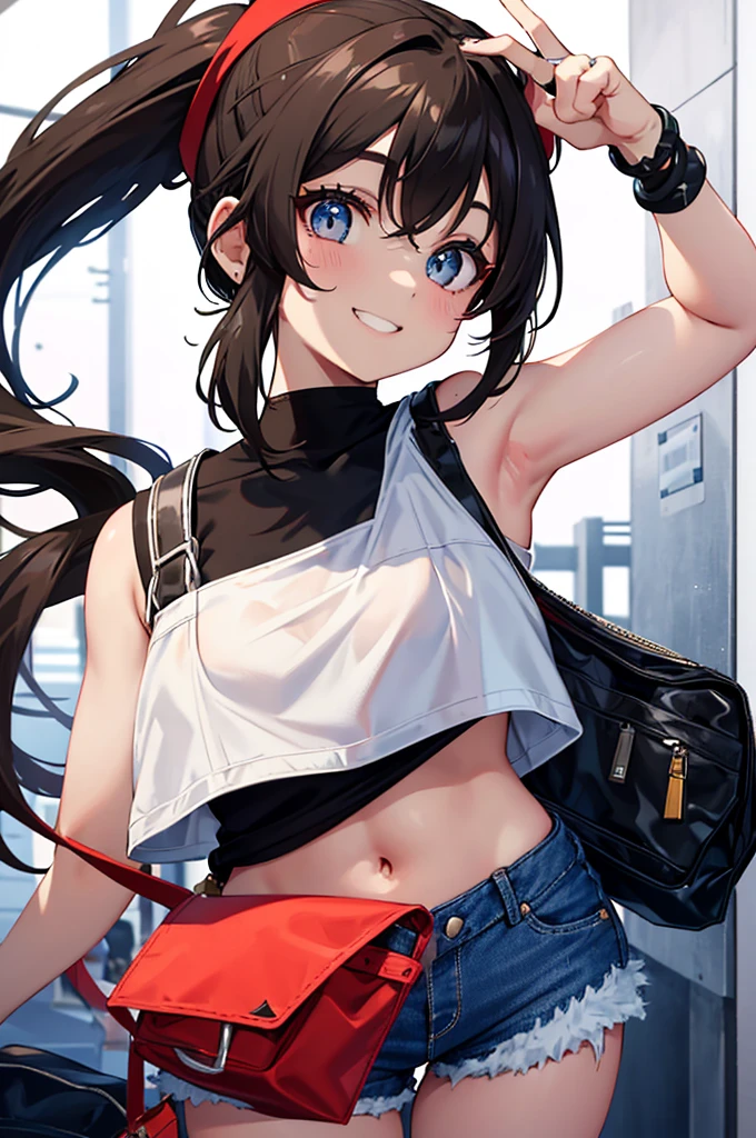 This character is a young girl with long brown hair tied in a high ponytail. She wears a white cap with a red symbol, a white tank top, a black sleeveless jacket, ripped denim shorts and black bracelets. She also has a gray shoulder bag. Her eyes are big and blue, and she makes a peace sign with her left hand, while smiling.