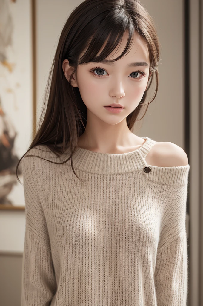 ((best qualityer)), ((work of art)), (detailded), 1 girl, shoulder to shoulder sweater,