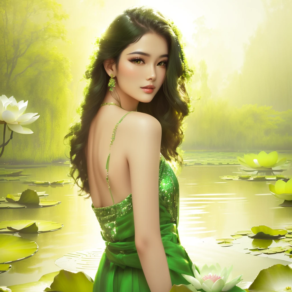 Arav woman in green dress standing in water lily pond, Standing gracefully on the lotus, Beautiful girl model, Beautiful Chinese model, Beautiful Model girl, Photo of a beautiful woman, Amazingly graceful pose, A beautiful young woman, Very beautiful model, Beautiful young model, Beautiful female model, Beautiful Model, Lovely woman, Model Photography