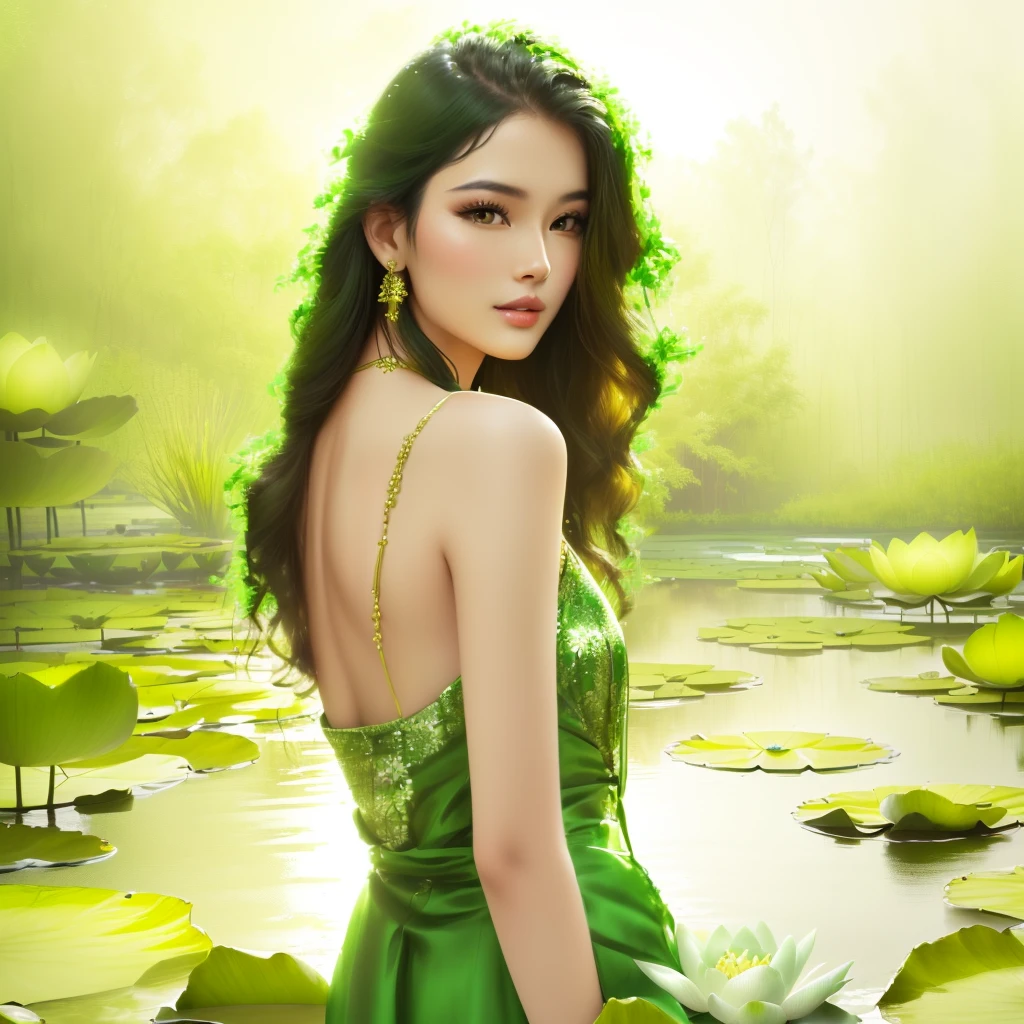 Arav woman in green dress standing in water lily pond, Standing gracefully on the lotus, Beautiful girl model, Beautiful Chinese model, Beautiful Model girl, Photo of a beautiful woman, Amazingly graceful pose, A beautiful young woman, Very beautiful model, Beautiful young model, Beautiful female model, Beautiful Model, Lovely woman, Model Photography