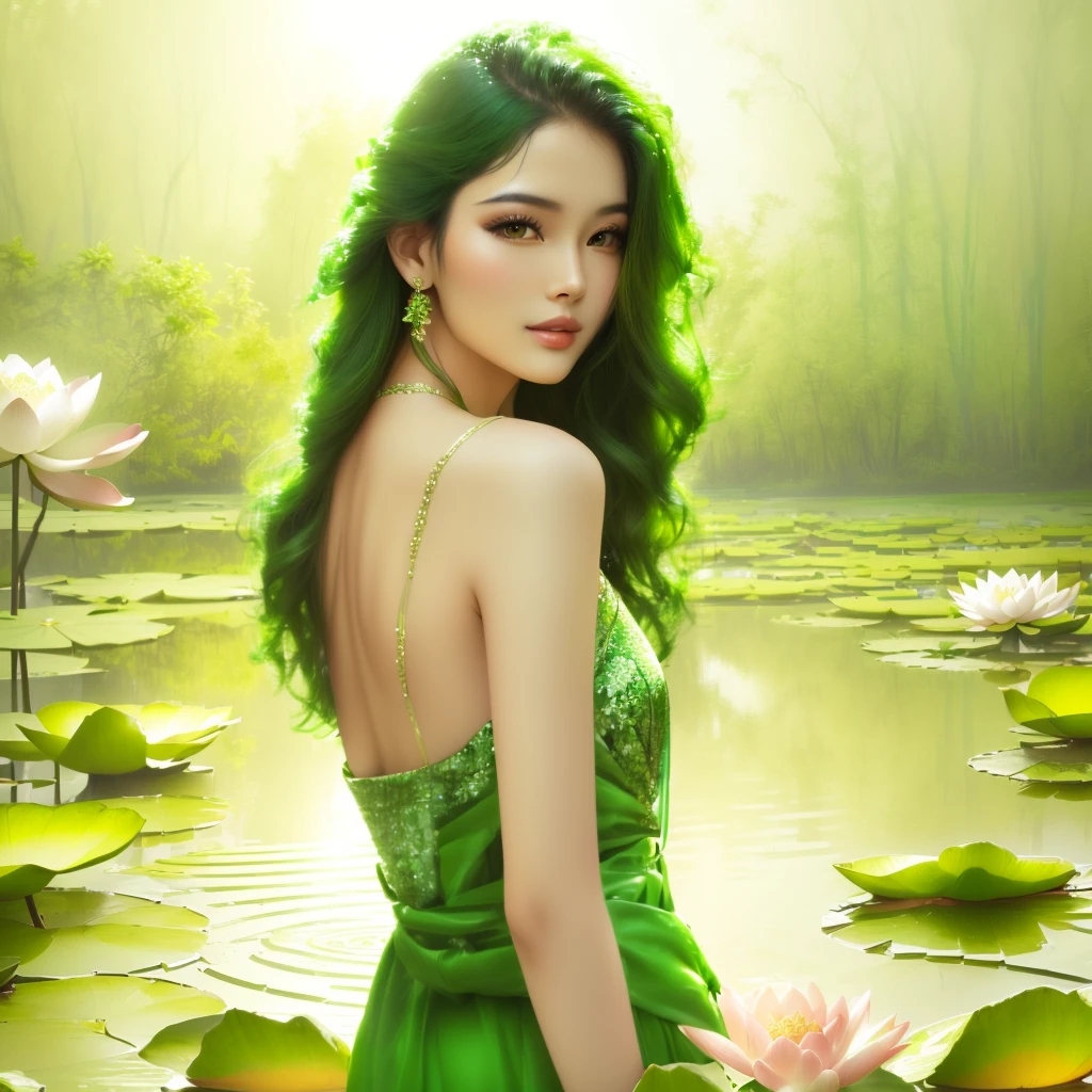 Arav woman in green dress standing in water lily pond, Standing gracefully on the lotus, Beautiful girl model, Beautiful Chinese model, Beautiful Model girl, Photo of a beautiful woman, Amazingly graceful pose, A beautiful young woman, Very beautiful model, Beautiful young model, Beautiful female model, Beautiful Model, Lovely woman, Model Photography