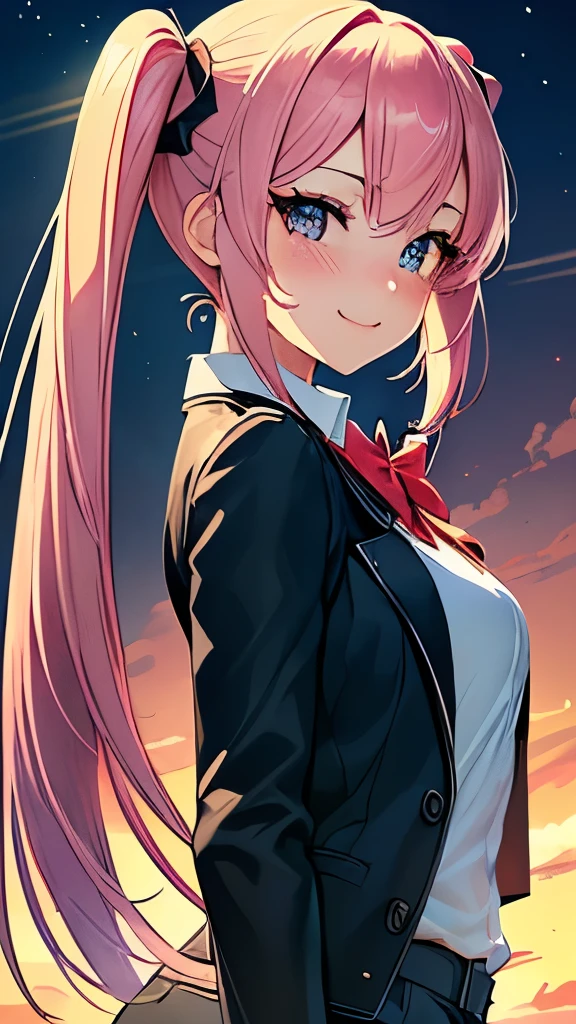 ((masterpiece, Highest quality, High resolution, 超High resolution, Pixel perfect, Depth of written boundary, 4K, RTTX 10.0, High resolution))), One girl, single, alone, Beautiful Anime Girls, Beautiful art style, Anime characters, ((Long Hair, bangs, Pink Hair, Twin tails:1.2)), ((Grey Eyes:1.4, Round eyes, Beautiful eyelashes, Realistic eyes)), ((Detailed face, Blushing:1.2)), ((Smooth texture:0.75, Realistic texture:0.65, Realistic:1.1, Anime CG Style)), Medium chest, Dynamic Angle, Perfect body, Dynamic pose, ((close, throw, cute, Shoot in the face, smile, Open your mouth)), ((Red bow tie, , Black jacket, Open jacket, White shirt)),In front of the station at night, with no people around, face close-up