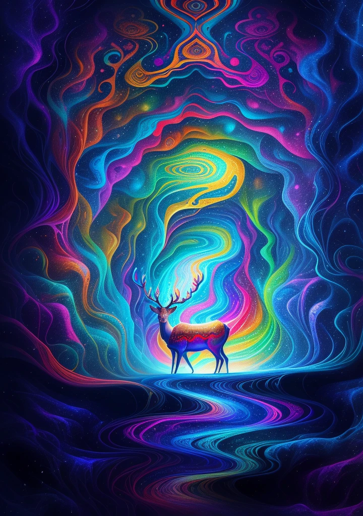 (Psychedelic paintings，A deer standing in front of a colorful swirl), ((Multiple antlers, stag, Big Head)), Vibrant colors, Thick Line, wave, Multi-layer, prospect, view, Fractal Thunder by Dan Mumford , Dan Mumford and Alex Gray style, Psychedelic surrealist art, Surreal psychedelic design, dream art style, illusion Psychedelic Art, infinite psychedelic wave, Inspired by Cyril Rolando Rolando), Realistic corrugated structure, Psychedelic Art style, Psychedelic Art, Psychedelic illustration--V6