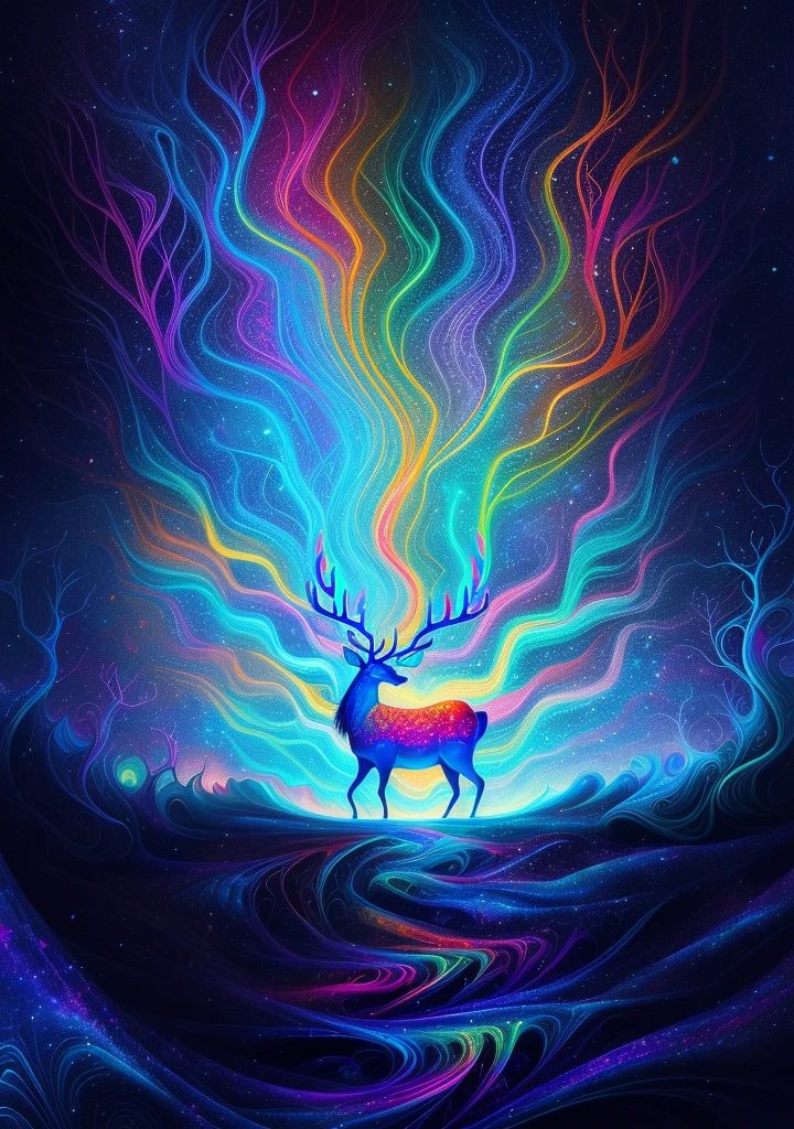 (Psychedelic paintings，A deer standing in front of a colorful swirl), ((Multiple antlers, stag, Big Head)), Vibrant colors, Thick Line, wave, Multi-layer, prospect, view, Fractal Thunder by Dan Mumford , Dan Mumford and Alex Gray style, Psychedelic surrealist art, Surreal psychedelic design, dream art style, illusion Psychedelic Art, infinite psychedelic wave, Inspired by Cyril Rolando Rolando), Realistic corrugated structure, Psychedelic Art style, Psychedelic Art, Psychedelic illustration--V6