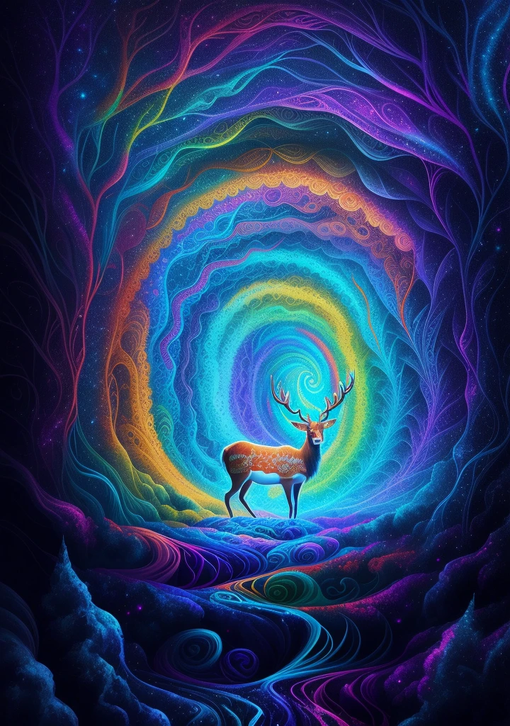 (Psychedelic paintings，A deer standing in front of a colorful swirl), ((Multiple antlers, stag, Big Head)), Vibrant colors, Thick Line, wave, Multi-layer, prospect, view, Fractal Thunder by Dan Mumford , Dan Mumford and Alex Gray style, Psychedelic surrealist art, Surreal psychedelic design, dream art style, illusion Psychedelic Art, infinite psychedelic wave, Inspired by Cyril Rolando Rolando), Realistic corrugated structure, Psychedelic Art style, Psychedelic Art, Psychedelic illustration--V6