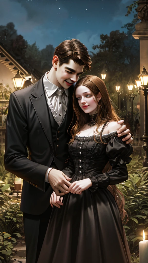 (absurd, high resolution, overdetailing), 2otros, Couple, 1 man and 1 woman, maduro, height difference, different hair color, a happy, amar, JOINING THEIR FRONTS, long hair, black and BROWN hair, Fancy, night garden, gothic atmosphere