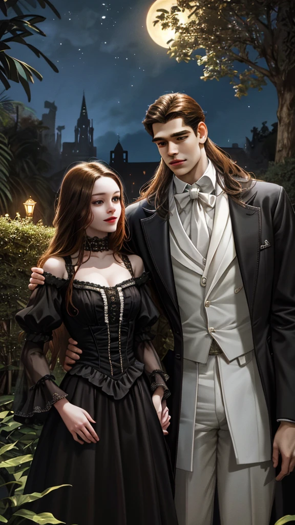 (absurd, high resolution, overdetailing), 2otros, Couple, 1 man and 1 woman, maduro, height difference, different hair color, a happy, amar, JOINING THEIR FRONTS, long hair, black and BROWN hair, Fancy, night garden, gothic atmosphere