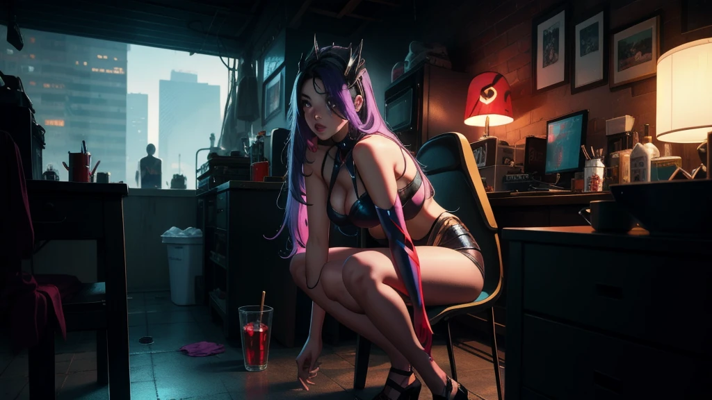 anime girl with purple hair sitting on a chair in front of a space ship, oppai cyberpunk, cyberpunk anime art, anime cyberpunk art, digital cyberpunk - anime art, digital cyberpunk anime art, cyberpunk anime girl, anime cyberpunk, female cyberpunk anime girl, digital cyberpunk anime!!, cyberpunk anime girl mech, smooth anime cg art, cyberpunk beautiful girl, detailed digital anime art, dreamy cyberpunk girl, cyberpunk girl, modern cyberpunk anime, detailed anime artwork, anime art wallpaper 4k, anime art wallpaper 4 k, ( ( cyberpunk ) )(шедевр, Лучшее качество:1.2), сложные детали, шабаш Ари, 1 девушка, одеваться, отрезанные рукава, расщепление, разноцветные волосы, светлые волосы, черные волосы, уши животных, колготки, маркировка усов, несколько хвостов, энергетический шар, верхняя часть тела, nsfw, hot, nipels