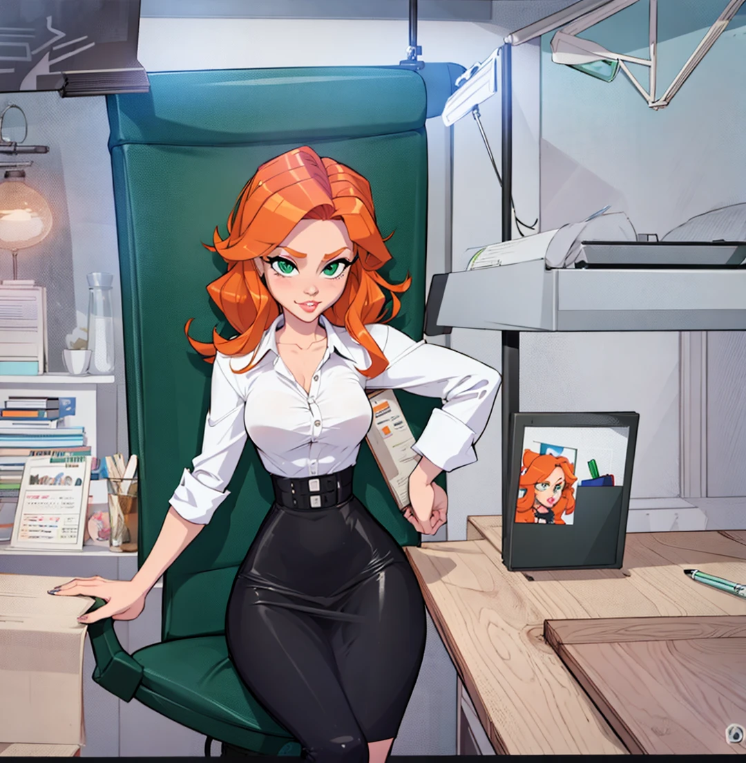 1girl, secretary, Best quality, masterpiece, cowboy shot, orange hair, green eyes, tight cloth, pencil skirt, office, kneeling