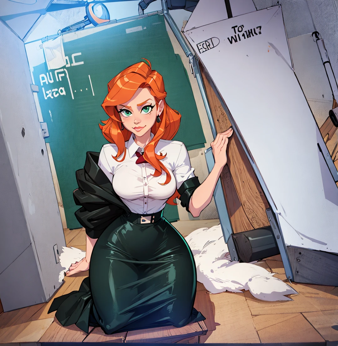 1girl, secretary, Best quality, masterpiece, cowboy shot, orange hair, green eyes, tight cloth, pencil skirt, office, kneeling
