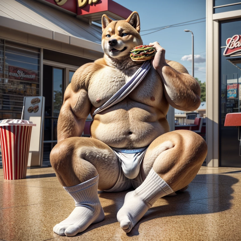 dad male shiba inu , slighly chubby with blue eyes, no eyebrows, no pants white briefs ,white ankle socks , removing shirt , highly detailed lineart, realistic feet, 4k, best quality, masterpiece,fast food, vivid colors, physically-based rendering, hands on chin