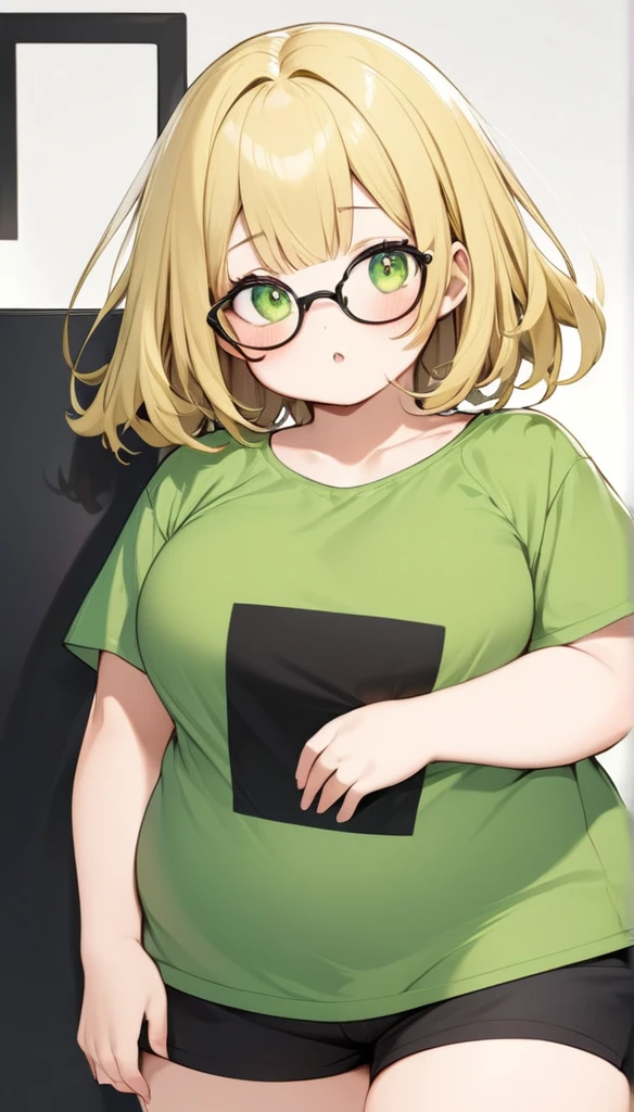 chubby girl, blonde, green eyes, medium length hair, open forehead, without bangs, glasses with black square frames
green shirt, shorts