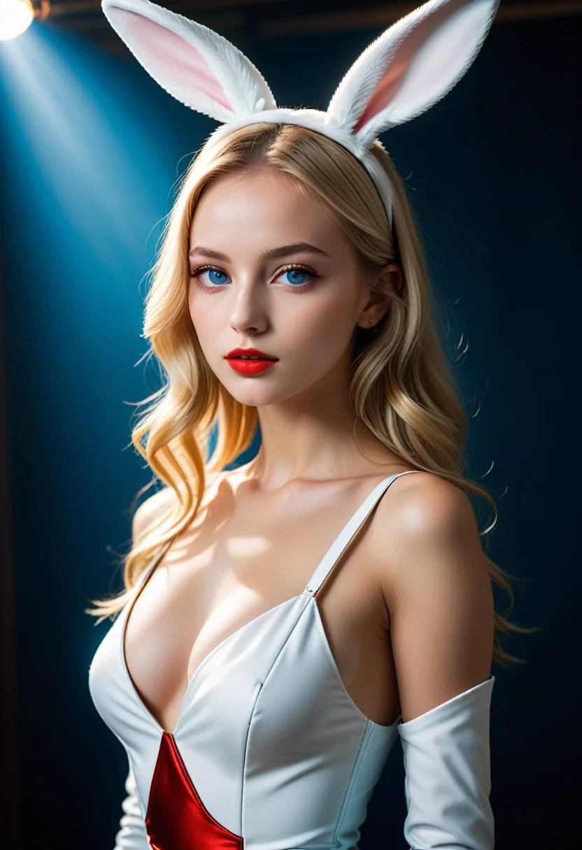 score_9, score_8_up, score_7_up, score_6_up, 
Photorealistic, real photo, void background, god rays, 1girl, 18yo,realistic, 1girl, Beautiful Swedish university student, blond, whole body, in elegant clothes, blond hair, hypdertailed, long hair, blue colored eyes, bimbo lips, Red lips, ((white playboy bunny costume, young woman, 18yo, perfectbody, delicious)),  (perfect silicone tits), photoshot realisitic, photoshot, work of art, realisitic, 真实感, photoshot真实感, hight contrast, photoshotrealisitic digital art trending on Artstation 8k HD high definition detailded realisitic, detailded, texture skin, hyperdetailded, realisitic texture skin, armors, best qualityer, ultra high resolution, (photoshotrealisitic: 1.4), high resolution, detailded, raw photoshot, re sharp, by lee jeffries nikon d850 film stock photoshotgraphy 4 camera kodak portra 400 lens f1.6 rich colors hyper realisitic texture realisitic lighting dramatic irrealengine trend in artstation cinestill 800,