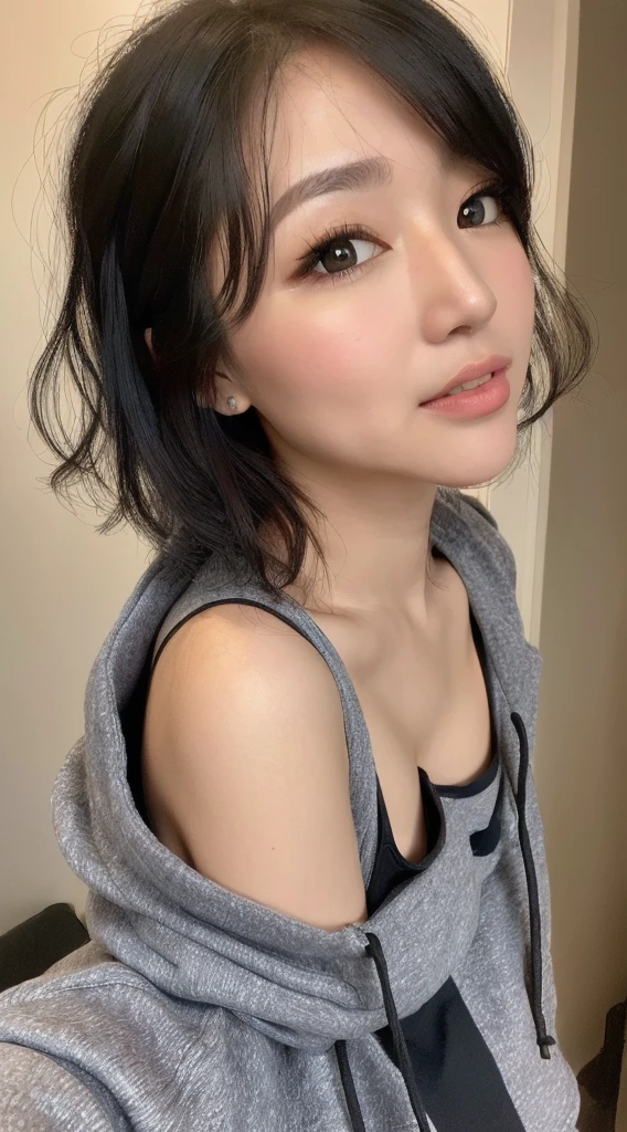 (Top Quality, 8k, 32k, Masterpiece, UHD: 1.3), (Charming Japan Female Pictures), One Girl, (Small: 1.2), (Short Wavy Hair), Abs, Perfect Body, Ultra Detailed Face, Detailed Lips, Fine Eyes, Double Eyelids, Hoodie, On Bed, (Seductive), ((Excited: 1.5)), ((Areola Slip)), Short Cut, Black Hair, Pants