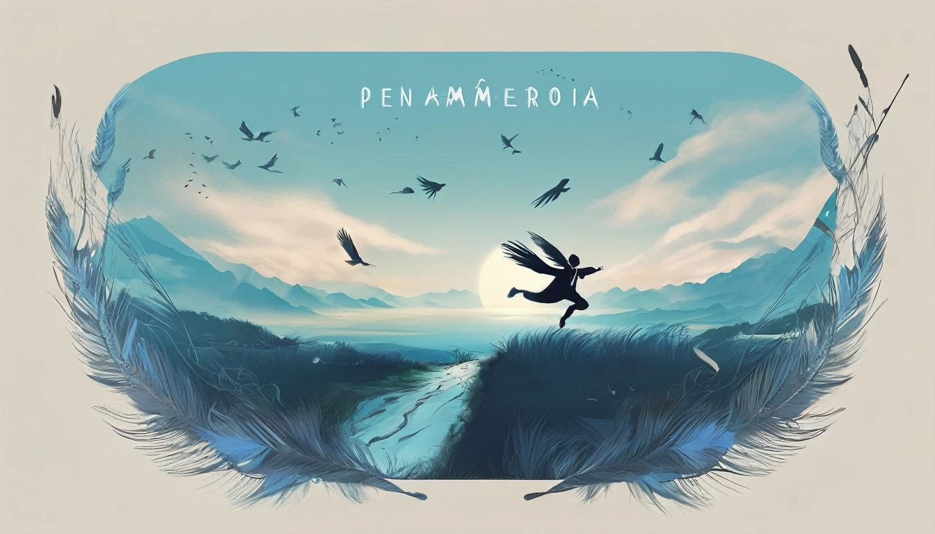 Create a professional, fantastic, cinematic Youtube Banner for a brand about music and stories called " Penamemoria". Masterpiece, 4k, sharp focus, highest quality,wide shot. The title is " Penamemoria". Is a brand about the creative, unique journey of a boy into becoming a musician storyteller. In his journey he finds inspiration in a world of birds and feathers. Minimalistic, simple, poetic, dreamy logotype at the center of the image. The Background image is a world full of fantastic feathers, unique birds, light blue sky, and a boy running happily into the horizon with an acoustic guitar in his right hand. Boy running against the wind, almost simulating like he is flying