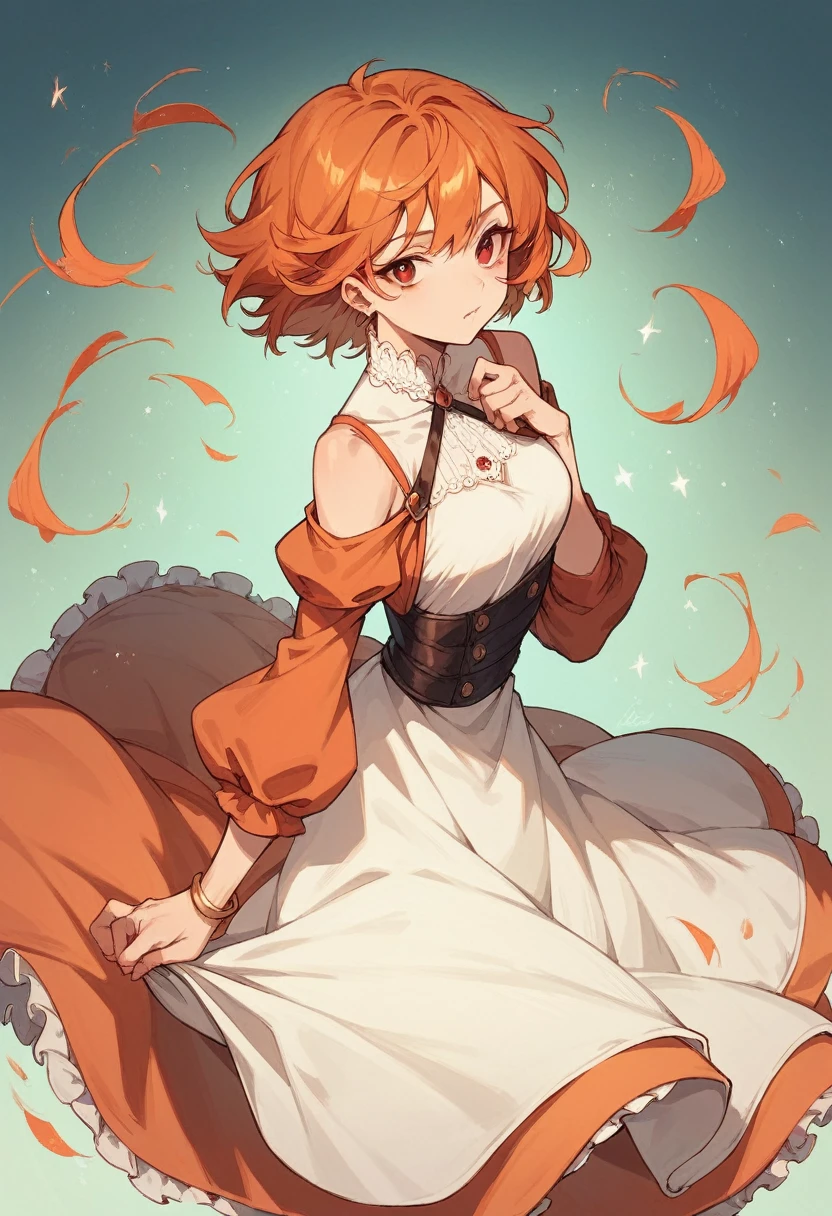 1girl, orange hair, red eyes, dress, (solo:1.3),  