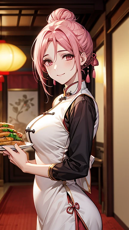 Highest quality,Masterpiece,8K,Ao Dai,,Big Breasts,Best Style,Droopy eyes,smile,Pink Hair,Hair Bun,Chinese restaurant,waiter,Are standing