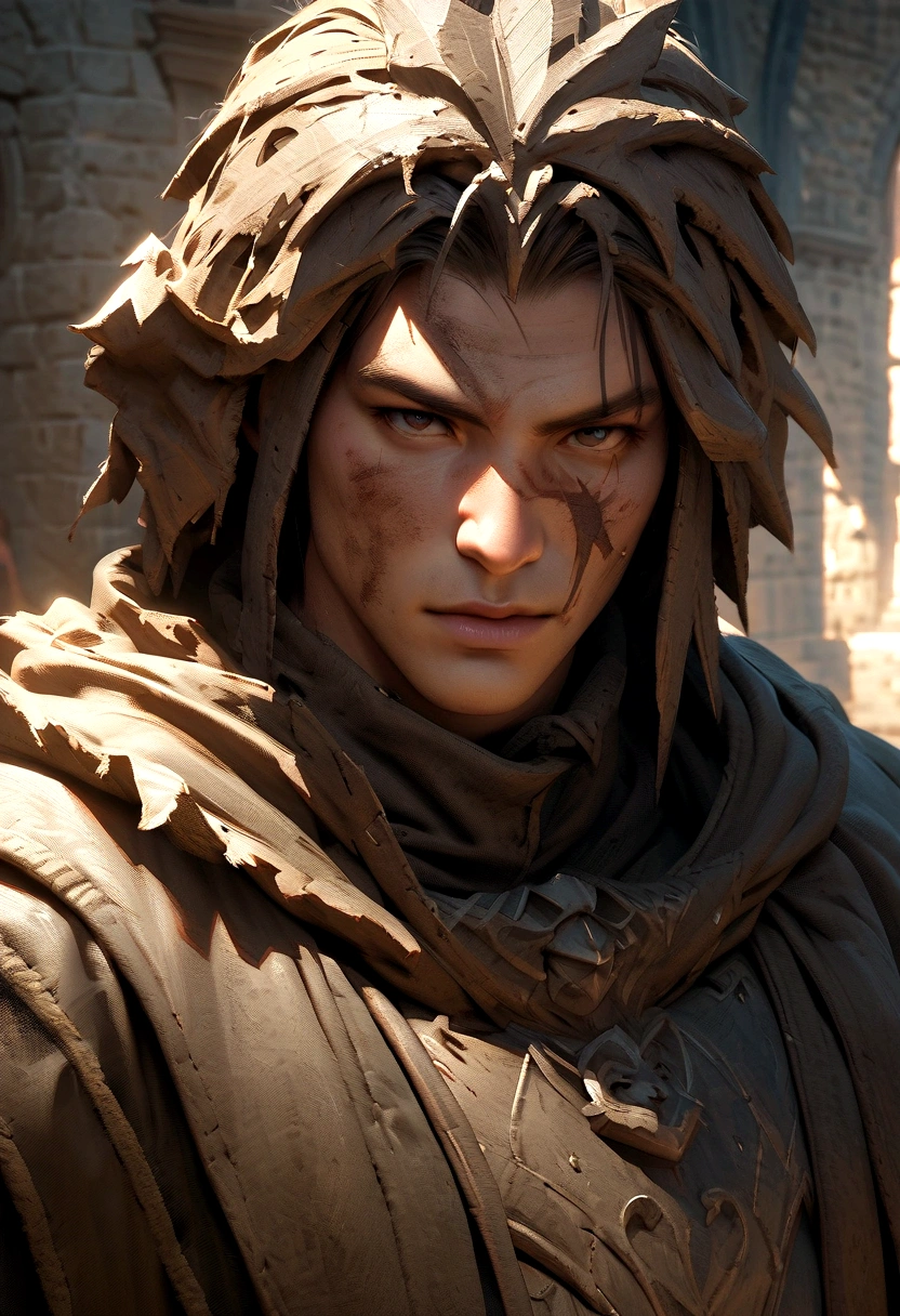 bust of a man with a sword, highly detailed character, high detail iconic character, fantasy assassin, male medieval assassin, holds a sword, bust portrait of an assassin, resin statue, medieval fantasy game art, scar on face, dirty