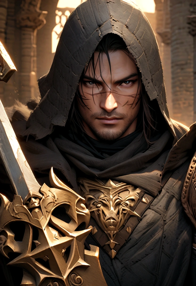 bust of a man with a sword, highly detailed character, high detail iconic character, fantasy assassin, male medieval assassin, holds a sword, bust portrait of an assassin, resin statue, medieval fantasy game art, scar on face, dirty