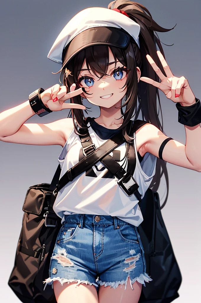 This character is a young girl with long brown hair tied in a high ponytail. She wears a white cap with a red symbol, a white tank top, a black sleeveless jacket, ripped denim shorts and black bracelets. She also has a gray shoulder bag. Her eyes are big and blue, and she makes a peace sign with her left hand, while smiling.