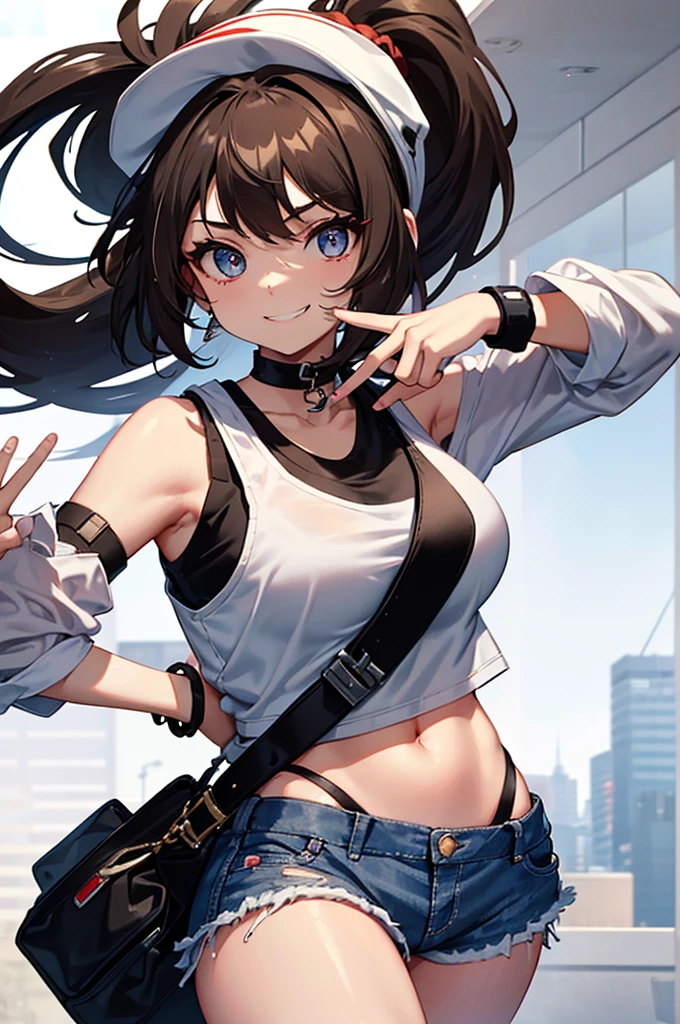 This character is a young girl with long brown hair tied in a high ponytail. She wears a white cap with a red symbol, a white tank top, a black sleeveless jacket, ripped denim shorts and black bracelets. She also has a gray shoulder bag. Her eyes are big and blue, and she makes a peace sign with her left hand, while smiling.