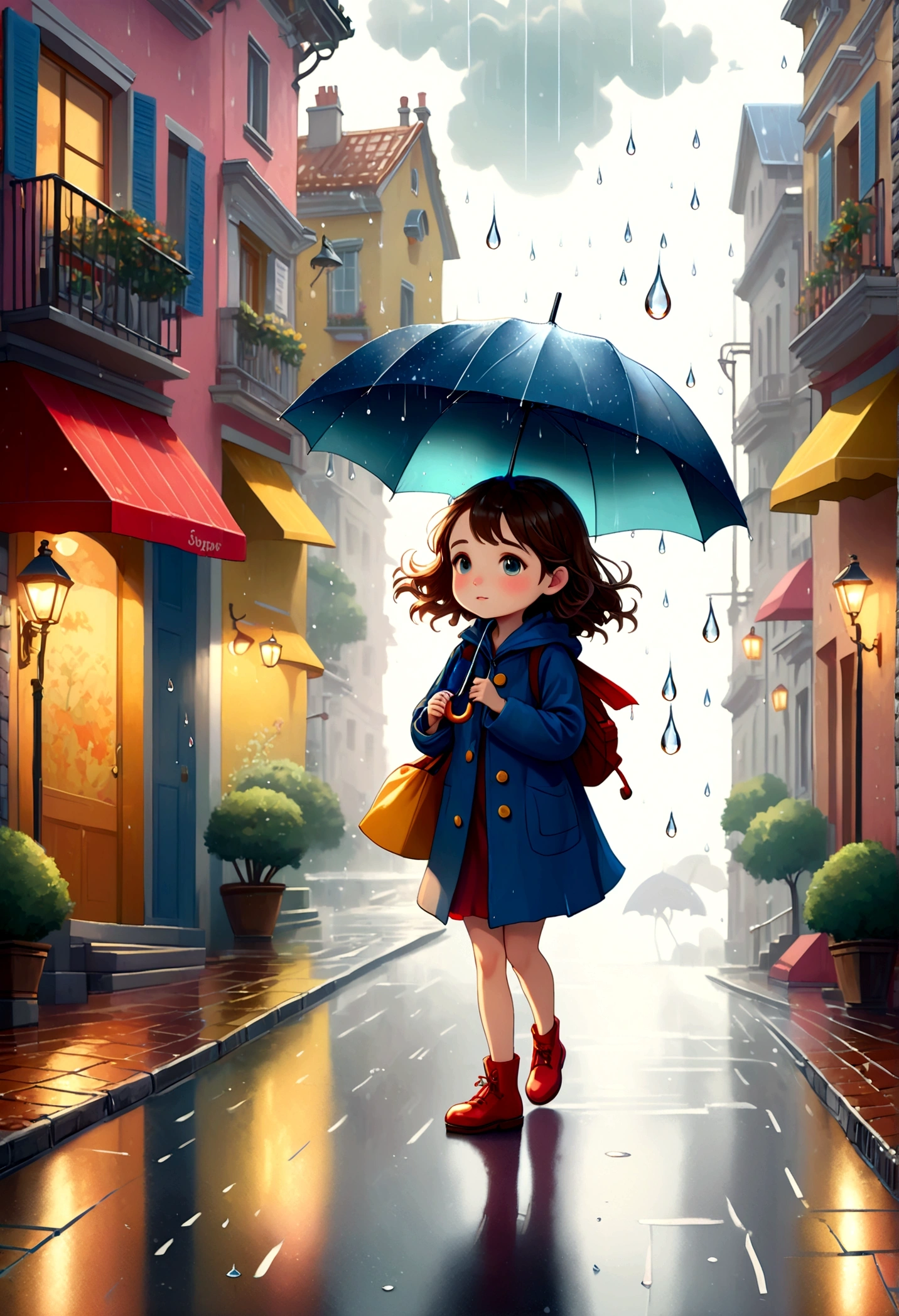 Fixes,Cute illustration: Landscape,Street corner on a rainy day,A landscape that looks like an illustration from a picture book,rich in emotion,a girl is walking,BREAK,cute girl with an umbrella,girl details,anatomically correct,BREAK,create an artistic background,Add a drop pattern to the background,The streets are fancy, like a fairy tale,This is a cute illustration like a dream.,Please blur the lines of the droplet pattern to create an artistic expression.,Intricate details,Wide range of colors,artwork,rendering,(masterpiece:1.3),(highest quality:1.4),(Super detailed:1.5),High resolution,Very detailed,unity 8k wallpaper,structurally correct