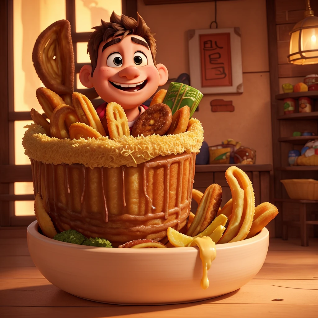 a happy and surprised boy, hungry for fried snacks, churros, highly detailed, photorealistic, 8k, HDR, hyper detailed facial features, expressive eyes, cute expression, playful, vibrant colors, warm lighting, cozy atmosphere, delicious food, mouth-watering, appetizing, fluffy churros, crispy fried snacks, natural textures, soft focus, cinematic composition, golden hour lighting, cheerful, whimsical