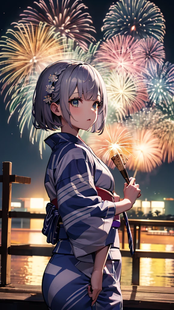 Ultra-high resolution,masterpiece, Attention to detail, Highest quality, 4K,(Silver braided short bob、well endowed),(Blessed,Captivating body、Ultra-detailed skin、Beautiful Eyes、Detailed Background),One girl、(yukata:1.5),firework,(大量のfirework,Night view,Ocean)
