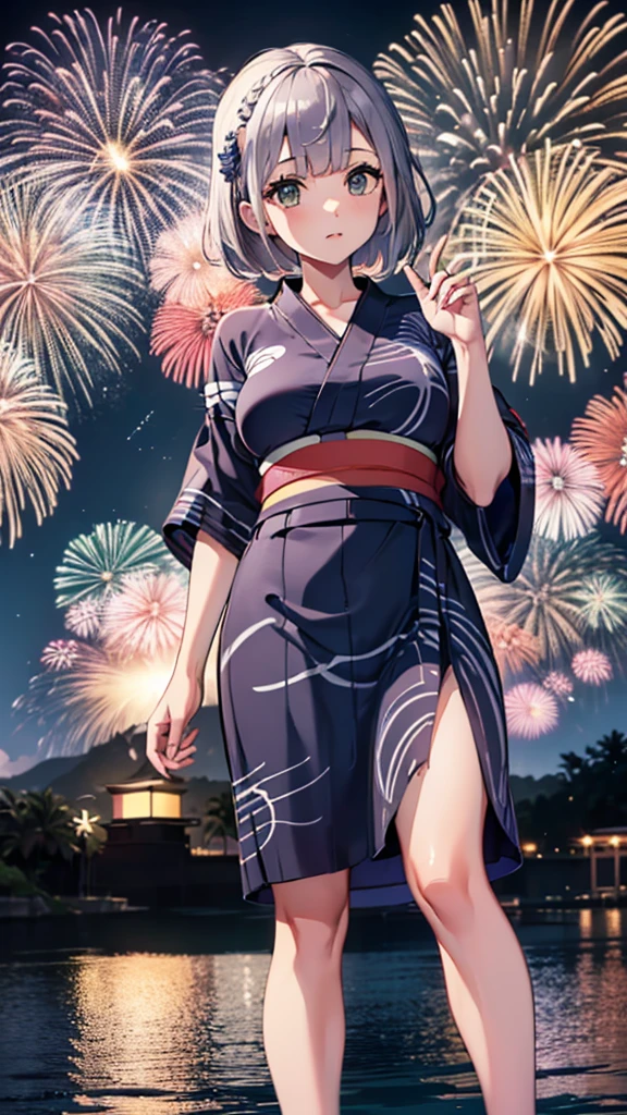 Ultra-high resolution,masterpiece, Attention to detail, Highest quality, 4K,(Silver braided short bob、well endowed),(Blessed,Captivating body、Ultra-detailed skin、Beautiful Eyes、Detailed Background),One girl、(yukata:1.5),firework,(大量のfirework,Night view,Ocean)