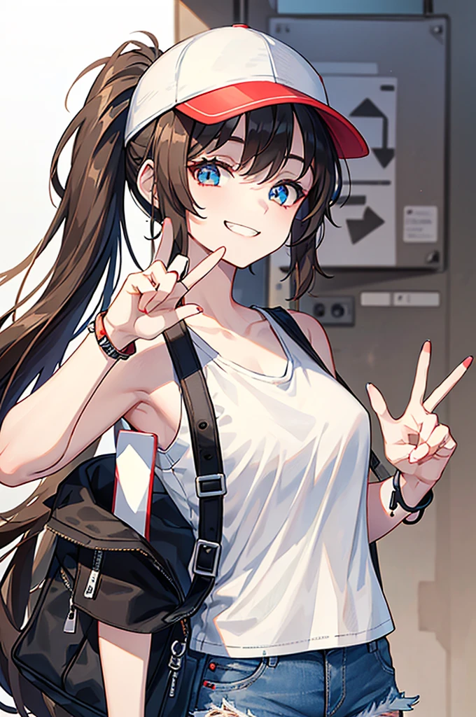 This character is a young girl with long brown hair tied in a high ponytail. She wears a white cap with a red symbol, a white tank top, a black sleeveless jacket, ripped denim shorts and black bracelets. She also has a gray shoulder bag. Her eyes are big and blue, and she makes a peace sign with her left hand, while smiling.