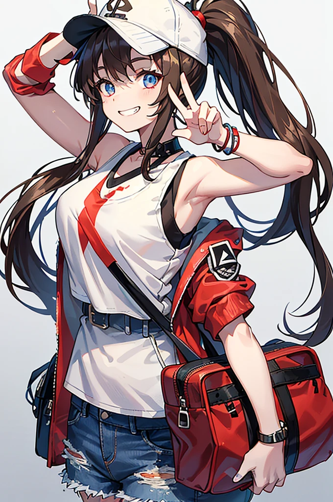 This character is a young girl with long brown hair tied in a high ponytail. She wears a white cap with a red symbol, a white tank top, a black sleeveless jacket, ripped denim shorts and black bracelets. She also has a gray shoulder bag. Her eyes are big and blue, and she makes a peace sign with her left hand, while smiling.