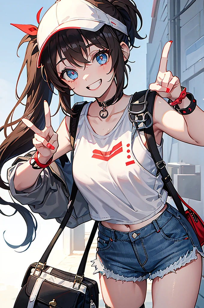 This character is a young girl with long brown hair tied in a high ponytail. She wears a white cap with a red symbol, a white tank top, a black sleeveless jacket, ripped denim shorts and black bracelets. She also has a gray shoulder bag. Her eyes are big and blue, and she makes a peace sign with her left hand, while smiling.