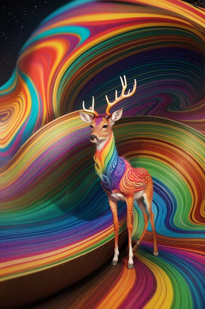 (Psychedelic paintings，A deer standing in front of a colorful swirl), ((Multiple antlers, stag, Big Head)), Vibrant colors, Thick Line, wave, Multi-layer, prospect, view, Fractal Thunder by Dan Mumford , Dan Mumford and Alex Gray style, Psychedelic surrealist art, Surreal psychedelic design, dream art style, illusion Psychedelic Art, infinite psychedelic wave, Inspired by Cyril Rolando Rolando), Realistic corrugated structure, Psychedelic Art style, Psychedelic Art, Psychedelic illustration--V6