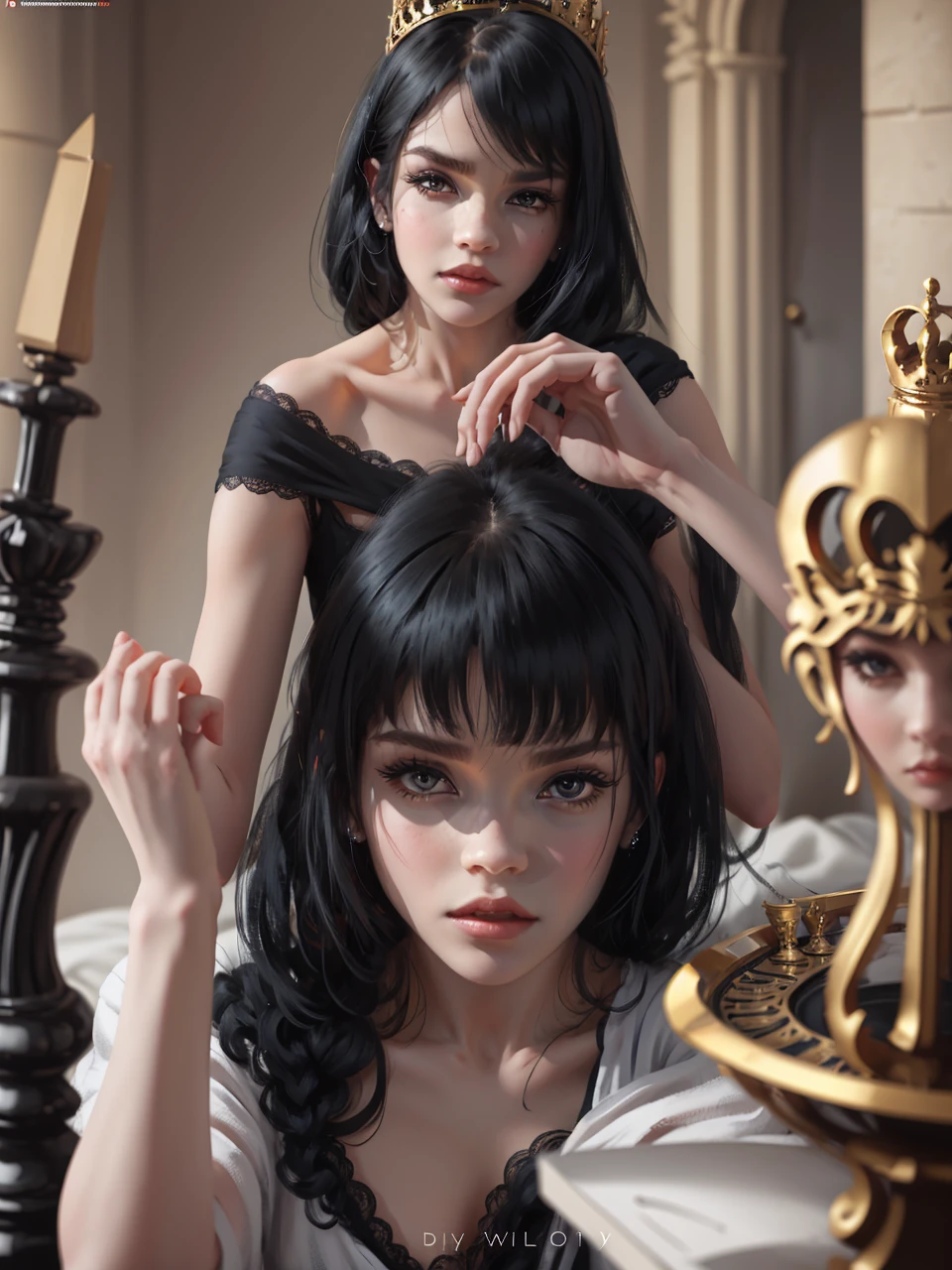 (1 girl)a most Beautiful himecut hairstyle black long hair with bangs busty chess queen,keen eyes,emma watson face,glossing lips black and red checkered bodysuit,black and red trim stocking,silver crown ,sexy pose ,a private room background,medieval,chess theme((portrait image)),(((ultra realistic))),(((high detail character))),4k,((high resolution))