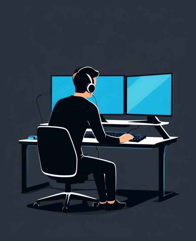 Gamer playing on the desktop PC illustration simple flat design