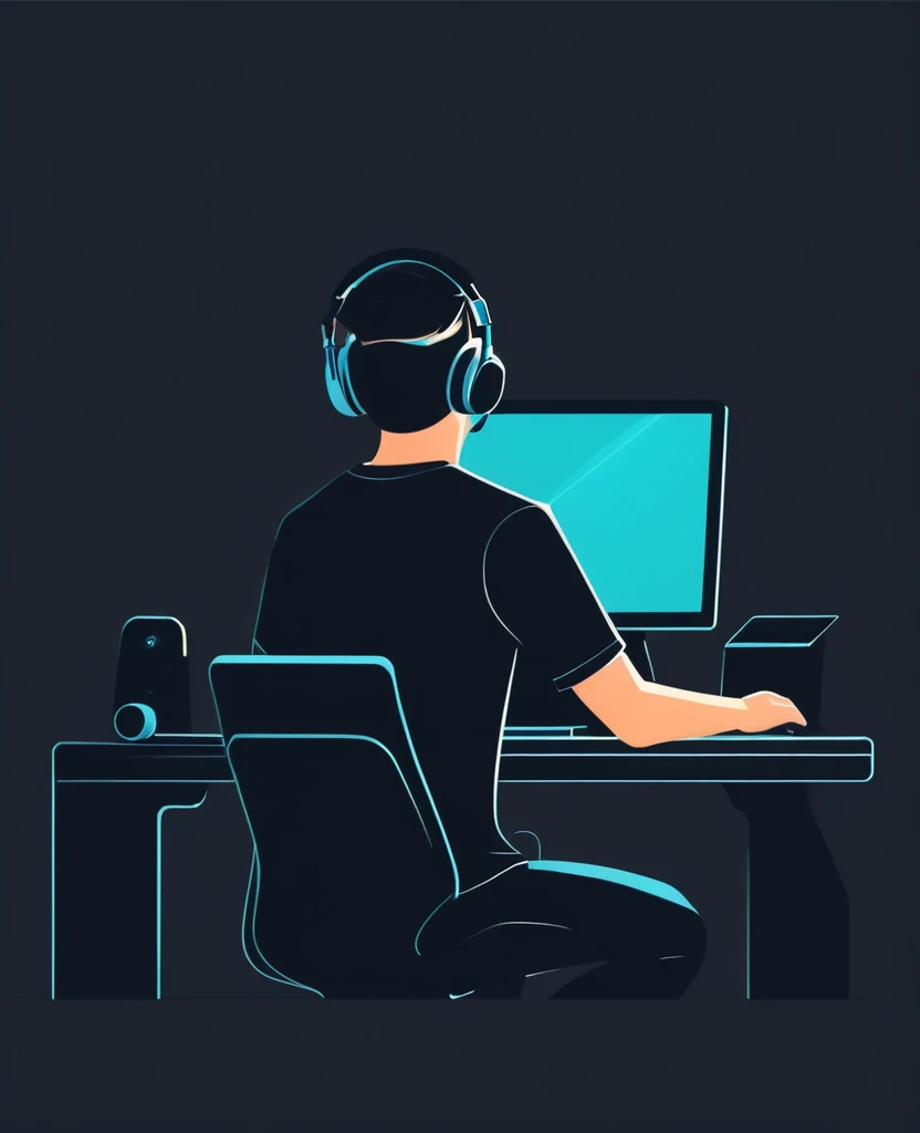 Gamer playing on the desktop PC illustration simple flat design