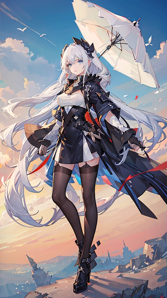 Masterpiece, highres, 1 girl, best light, high detailed. A young beautiful girl with white hair, white skin, blue eyes. She has long hair, her hair blows in the wind. She looks at viewer and holds a black umbrella. A breathtaking landscape, with vibrant colors illuminating the sky. The sun is at high nôn , casting golden rays across the landscape. The sky is a gradient of warm colors The entire scene is serene and majestic, capturing the beauty of the girl.