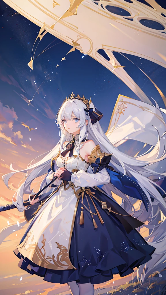 Masterpiece, highres, 1 girl, best light, high detailed. A young beautiful girl with white hair, white skin, blue eyes. She has long hair, her hair blows in the wind. She looks at viewer and holds a black umbrella. A breathtaking landscape, with vibrant colors illuminating the sky. The sun is at high nôn , casting golden rays across the landscape. The sky is a gradient of warm colors The entire scene is serene and majestic, capturing the beauty of the girl.