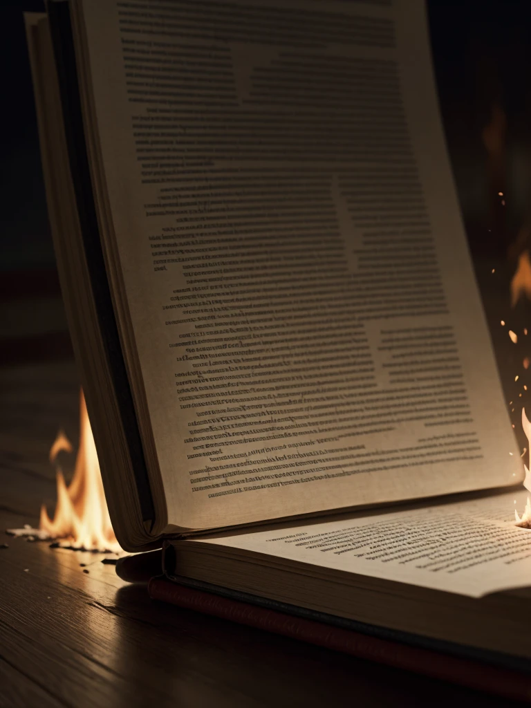 a detailed book page tearing and burning, ash flying, intense flames consuming manuscripts, illuminating the scene with an orange glow, cinematic lighting, dramatic, highly detailed, 8k, photorealistic, dramatic shadows, chiaroscuro, moody, dramatic atmosphere, dynamic composition, intricate textures, cinematic mood, sharp focus, high contrast