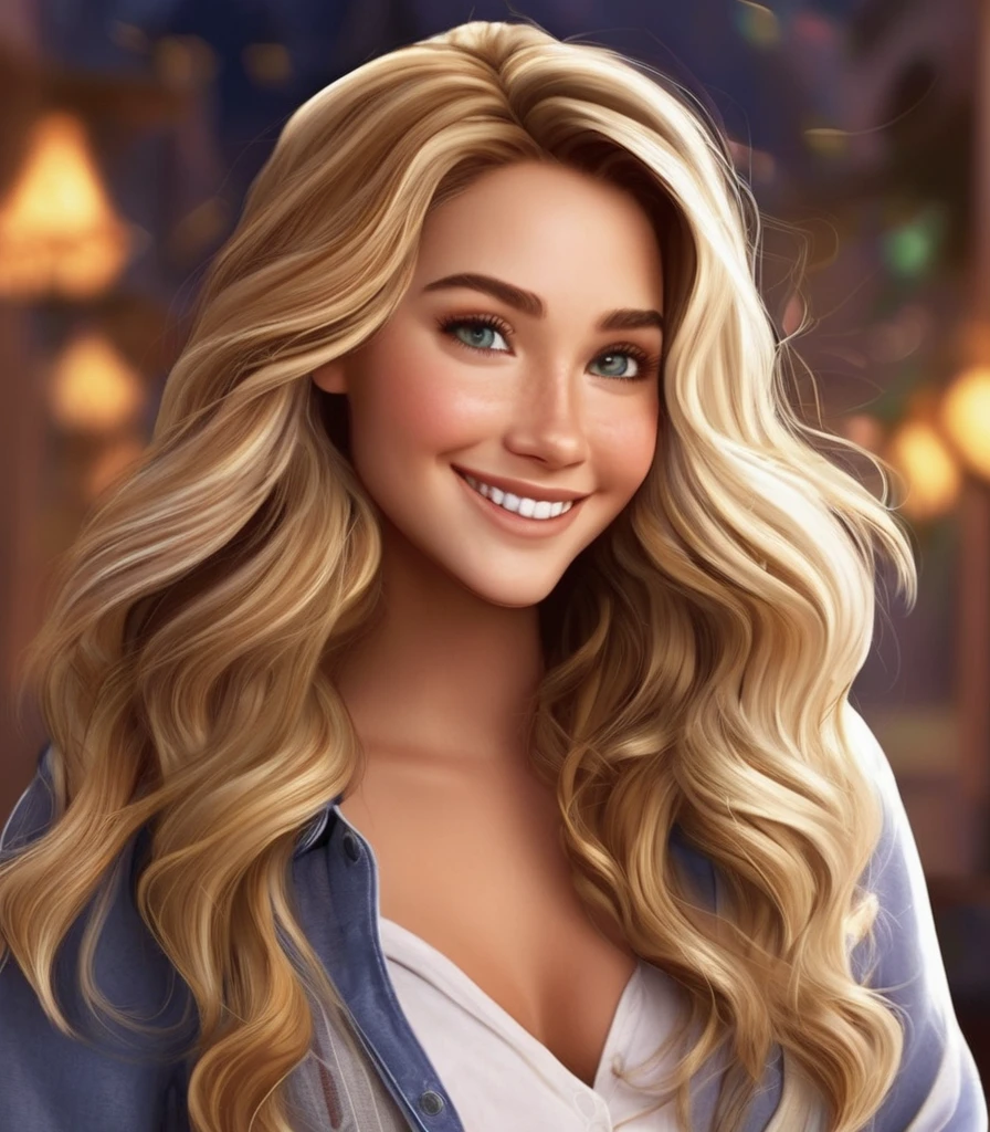 best qualityer)), ((work of art)), (detailded), ( disney pixar style),  long wavy hair with blonde highlights at the front of the hair, slightly slanted brown eyes,Caucasian skin, smiling with your mouth closed