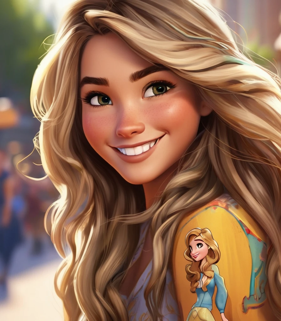 best qualityer)), ((work of art)), (detailded), ( disney pixar style), long wavy hair with blonde highlights at the front of the hair, slightly slanted brown eyes,Caucasian skin, smiling with your mouth closed