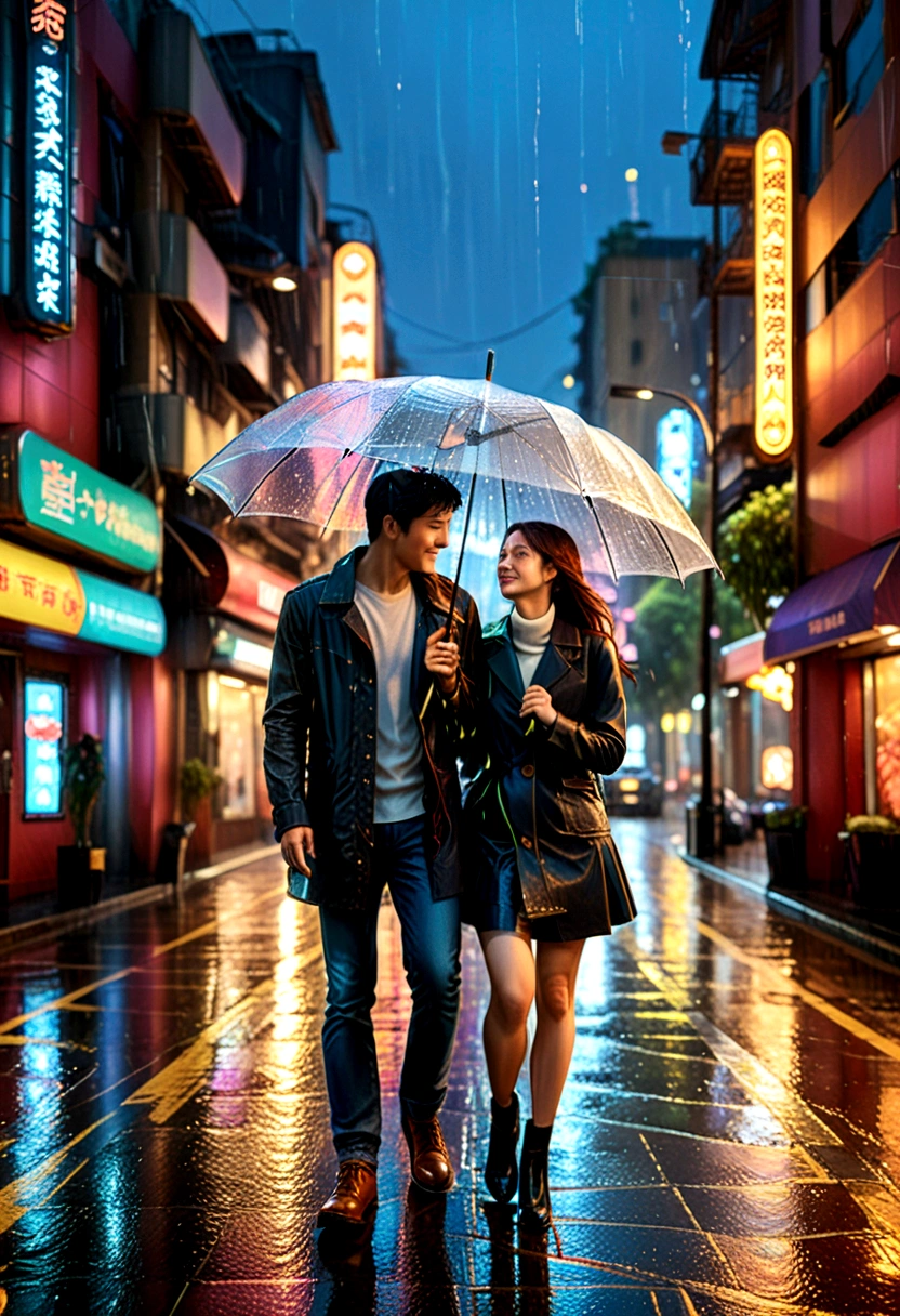 (Umbrella, rain), romantic style, mainly depicts a couple strolling under neon lights in the drizzle. Together, they hold an umbrella, and the hustle and bustle of the city seems to be cut off. In this romantic environment, raindrops jump on the umbrella surface, bringing a warm and unforgettable feeling. The background of the picture is the city's neon lights and streets, and the camera is the middle shot, showing the couple strolling in the rain, (panoramic view), Photography, award-winning, cinematic still, emotional, vignette, dynamic, vivid, (masterpiece, best quality, Professional, perfect composition, very aesthetic, absurdres, ultra-detailed, intricate details:1.3)