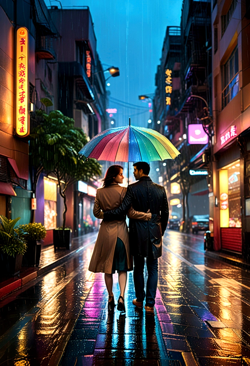 (Umbrella, rain), romantic style, mainly depicts a couple strolling under neon lights in the drizzle. Together, they hold an umbrella, and the hustle and bustle of the city seems to be cut off. In this romantic environment, raindrops jump on the umbrella surface, bringing a warm and unforgettable feeling. The background of the picture is the city's neon lights and streets, and the camera is the middle shot, showing the couple strolling in the rain, (panoramic view), Photography, award-winning, cinematic still, emotional, vignette, dynamic, vivid, (masterpiece, best quality, Professional, perfect composition, very aesthetic, absurdres, ultra-detailed, intricate details:1.3)