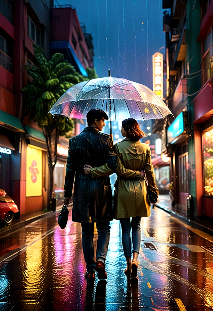 (Umbrella, rain), romantic style, mainly depicts a couple strolling under neon lights in the drizzle. Together, they hold an umbrella, and the hustle and bustle of the city seems to be cut off. In this romantic environment, raindrops jump on the umbrella surface, bringing a warm and unforgettable feeling. The background of the picture is the city's neon lights and streets, and the camera is the middle shot, showing the couple strolling in the rain, (panoramic view), Photography, award-winning, cinematic still, emotional, vignette, dynamic, vivid, (masterpiece, best quality, Professional, perfect composition, very aesthetic, absurdres, ultra-detailed, intricate details:1.3)