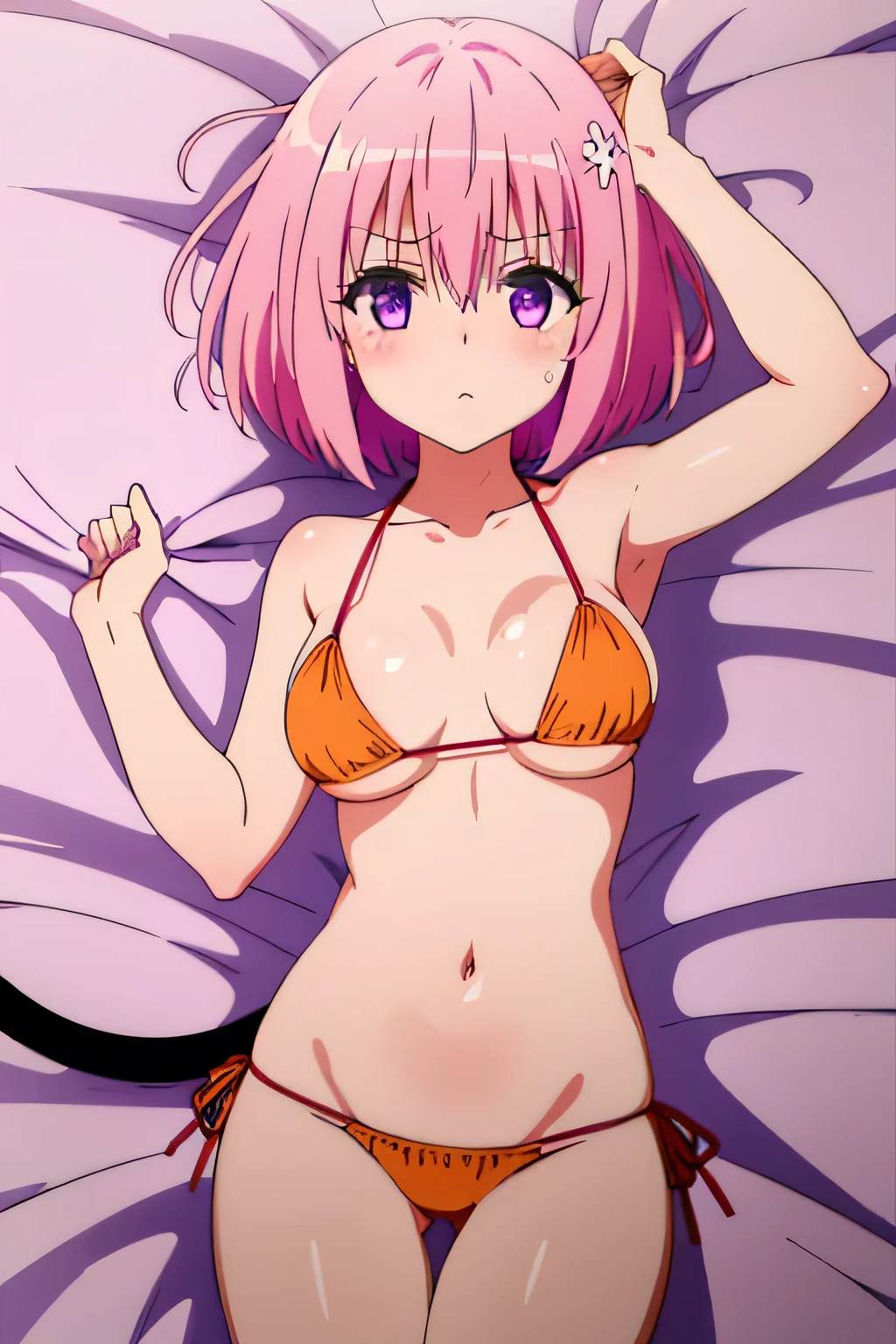 1girl, solo, masterpiece, best quality, to love-ru, to love-ru darkness, momo velia deviluke, momo belia deviluke, purple eyes, pink hair, short hair, bob cut, hair between eyes, hair ornament, hair flower, bikini, skindentation, collarbone, bare arms, cleavage, (orange bikini:1.2), large breasts, navel, tail, demon tail, thigh gap, bare legs, , cowboy shot, lying, looking at viewer, on back, on bed, blush, nose blush, nervous, bed sheet