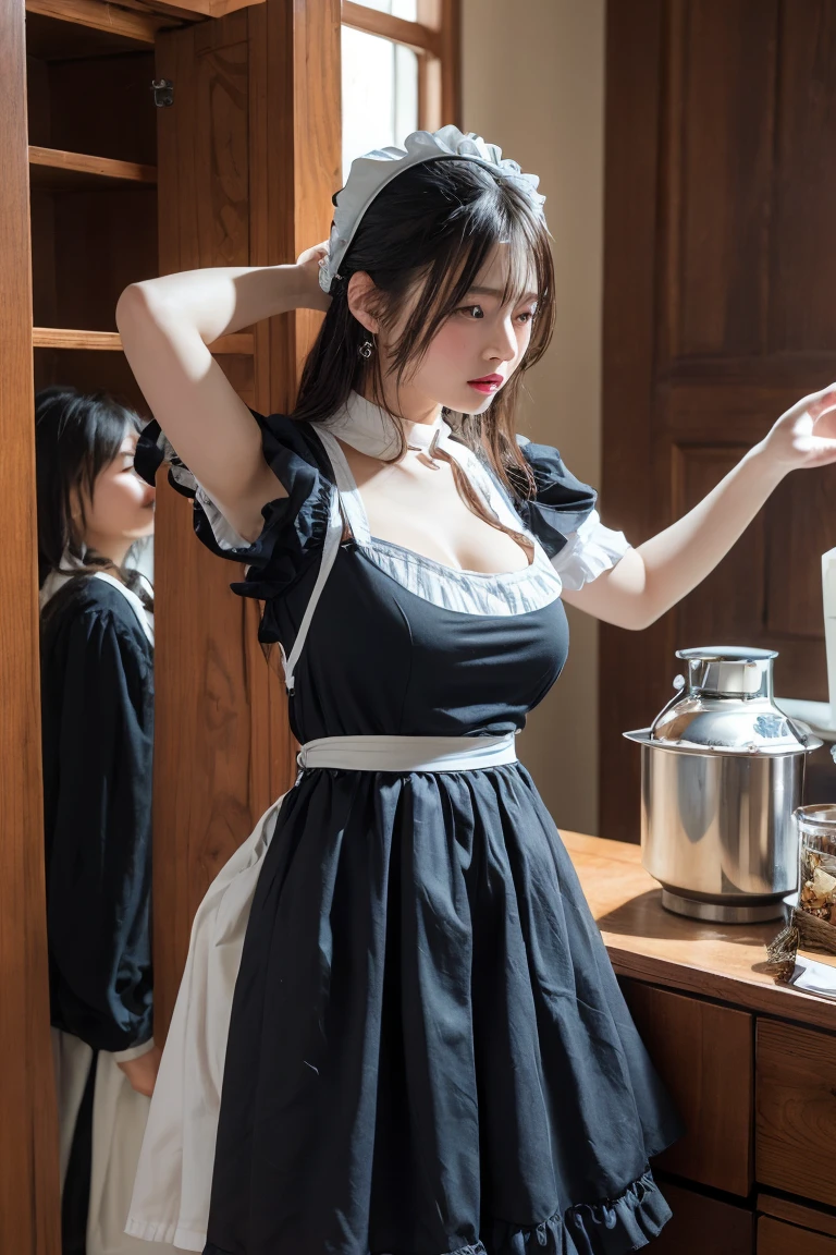 masterpiece, Highest quality, High resolution, 18+ Adult content, Sensual, Intimate, Emotional, Passionate, romantic, sweet, Adorable, Innocent, Pure, Fascinating, Fascinating, attractive, Mysterious, Fascinating, Fascinating, Immersive, Fascinating, dream-like, Surreal, Imaginative, Whimsical, artistic, Avant-garde, timeless, elegant, Sophisticated, chic, Sophisticated, Individuality, original, Fascinating,((Maid clothes:1.3))、Raise your arms to show your sides