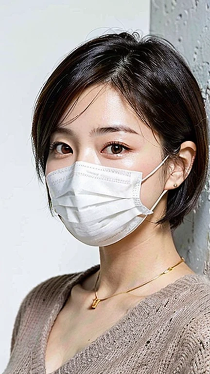 (Best quality, 8k, 32k, Masterpiece, UHD:1.2),Photo of Pretty Japanese woman, large breasts, very short bob hair,upper body,face focus,oversized_sweater, necklace, simple background, from above, looking at viewer, ((wearing mouth mask)),