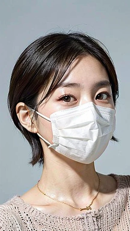 (Best quality, 8k, 32k, Masterpiece, UHD:1.2),Photo of Pretty Japanese woman, large breasts, very short bob hair,upper body,face focus,oversized_sweater, necklace, simple background, from above, looking at viewer, ((wearing mouth mask)),