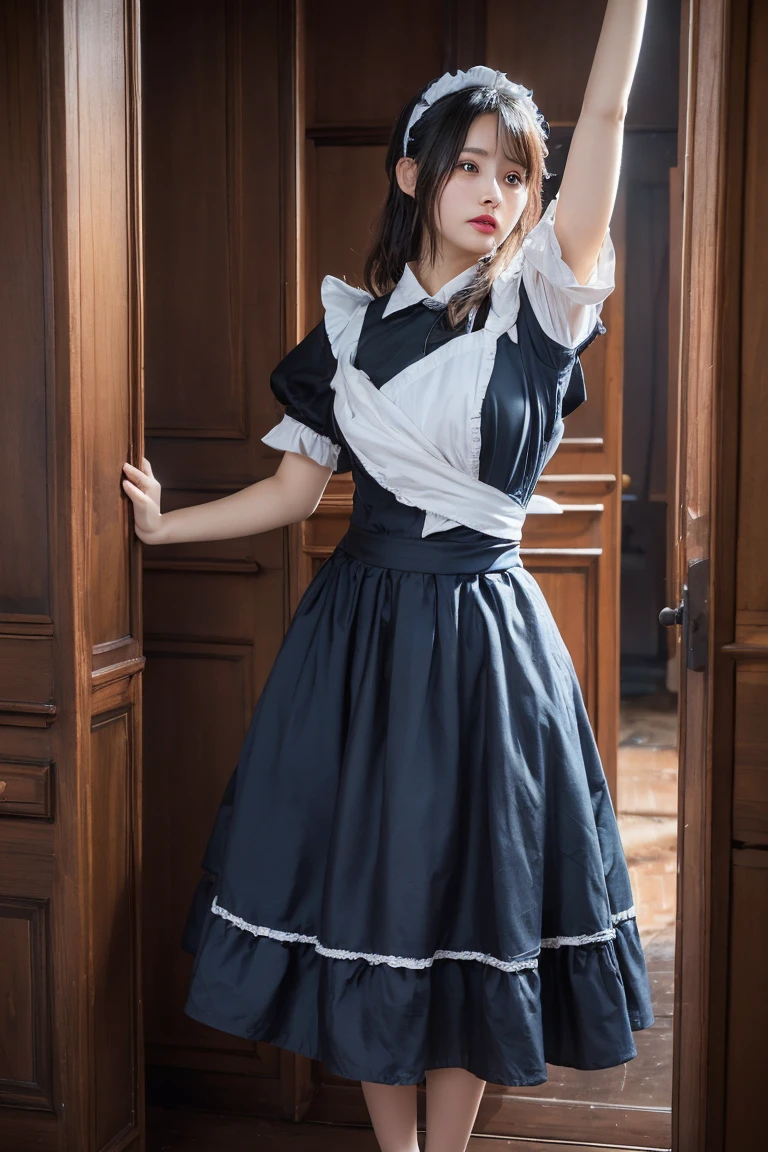 masterpiece, Highest quality, High resolution, 18+ Adult content, Sensual, Intimate, Emotional, Passionate, romantic, sweet, Adorable, Innocent, Pure, Fascinating, Fascinating, attractive, Mysterious, Fascinating, Fascinating, Immersive, Fascinating, dream-like, Surreal, Imaginative, Whimsical, artistic, Avant-garde, timeless, elegant, Sophisticated, chic, Sophisticated, Individuality, original, Fascinating,((Maid clothes:1.3))、Raise your arms to show your sides