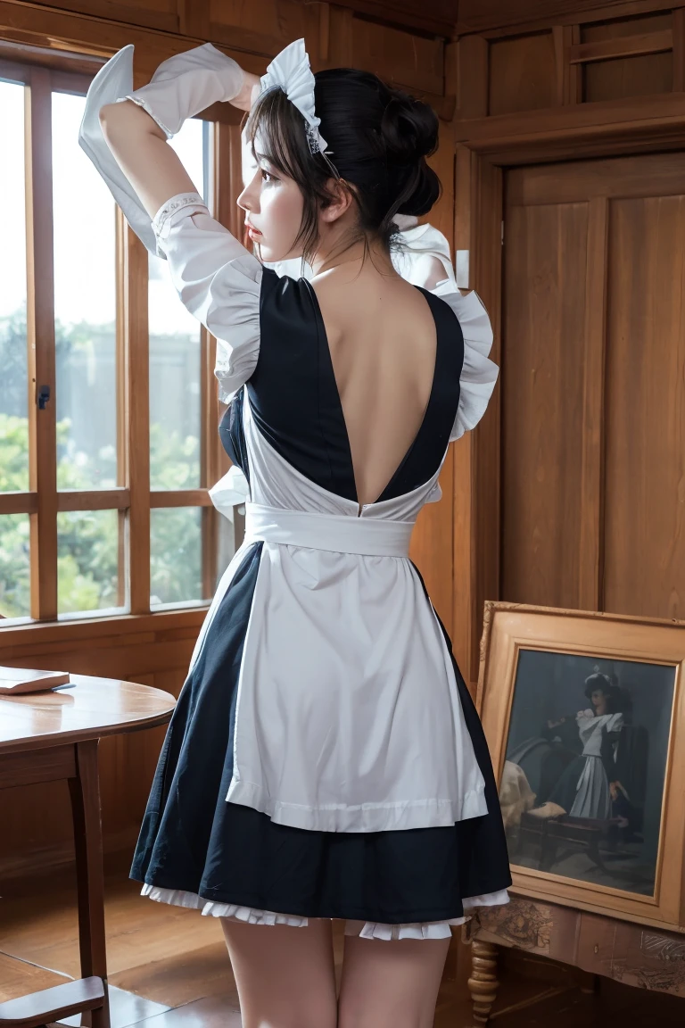 masterpiece, Highest quality, High resolution, 18+ Adult content, Sensual, Intimate, Emotional, Passionate, romantic, sweet, Adorable, Innocent, Pure, Fascinating, Fascinating, attractive, Mysterious, Fascinating, Fascinating, Immersive, Fascinating, dream-like, Surreal, Imaginative, Whimsical, artistic, Avant-garde, timeless, elegant, Sophisticated, chic, Sophisticated, Individuality, original, Fascinating,((Maid clothes:1.3))、Raise your arms to show your sides、Turn your  towards me